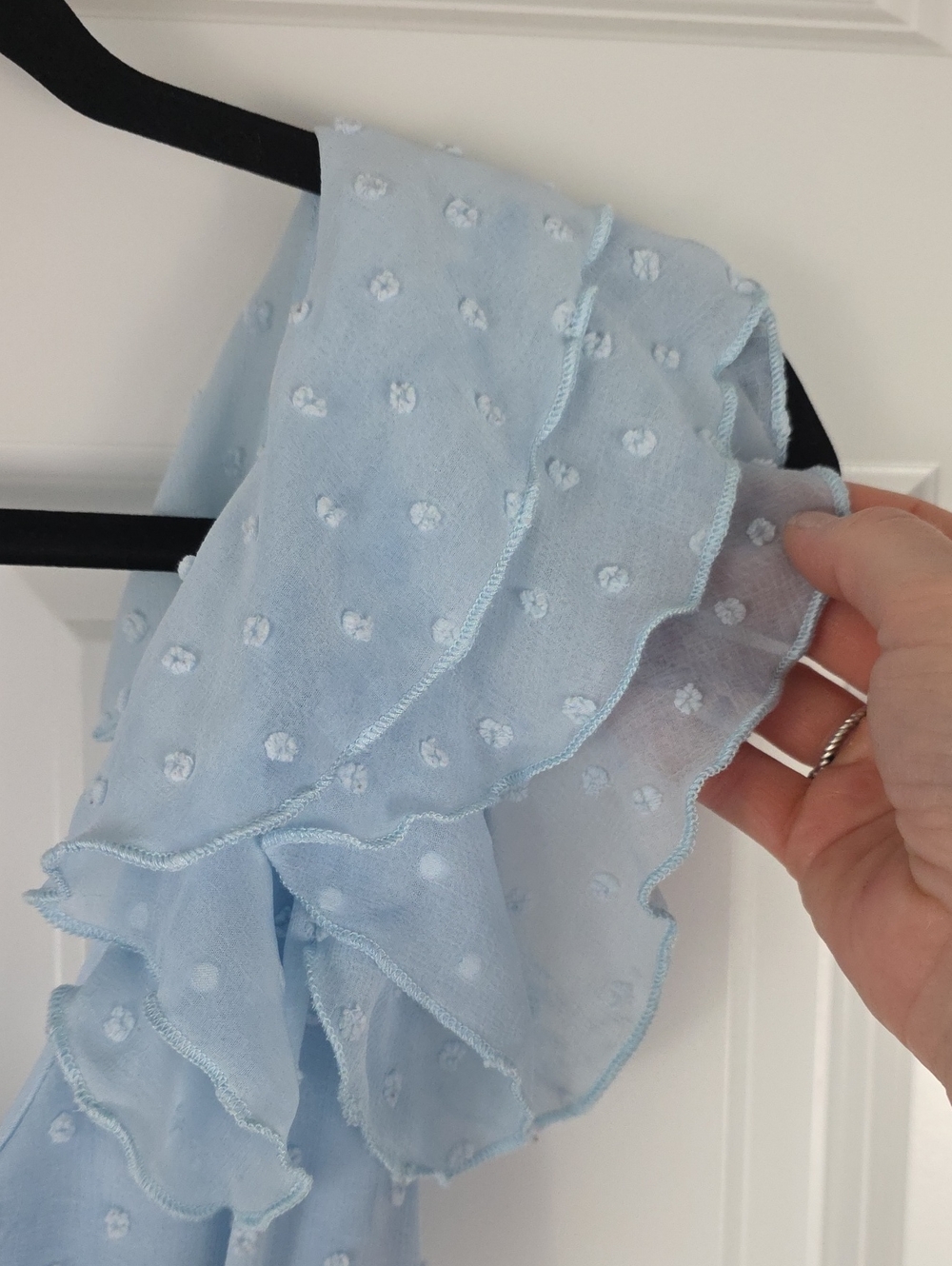 Trixxi Baby doll Powder Blue Swiss Dot Ruffle Open Back Midi Dress. Size Large. - Picture 4 of 10